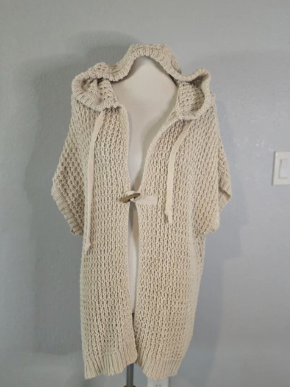 Free People Cream Open Knit Hooded Poncho Cardigan - S